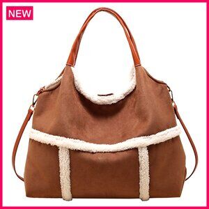 Large Suede Tote Bag with Faux Wool Lining, Adjustable Strap, Work Travel Purse
